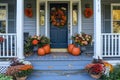 A charming Thanksgiving themed front porch with pumpkins, wreaths, and seasonal flowers Royalty Free Stock Photo