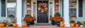 A charming Thanksgiving themed front porch with pumpkins, wreaths, and seasonal flowers Royalty Free Stock Photo