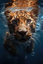 cute tiger leopard face is diving above the surface of the river water