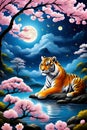A charming tiger sitting behind a lake, in a spring night, with sakura tree blossoms, .stars, moonlit, fluffy clouds, painting