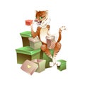 Charming tiger sitting on boxes with gifts. He`s holding a special gift