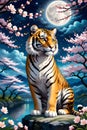 A charming tiger in a spring night, with sakura tree blossoms, moonlit, twinkling stars, fluffy clouds, painting, Van Gogh
