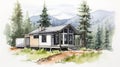 Streamlined Watercolor Cabin Sketch In Gray And Bronze