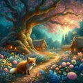 A charming tiny fox in a magical flowers village, with giant oak tree, dreamy, spring season, painting art of Van Gogh style Royalty Free Stock Photo