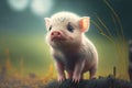 Charming tiny piglet sitting in clearing on livestock farm