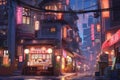 A Charming Tokyo Cityscape At Twilight, With Animeinspired Architecture And Cozy Streets
