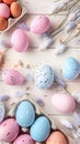 Charming top view of Easter background with pastel painted eggs