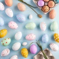 Charming top view of Easter background with pastel painted eggs