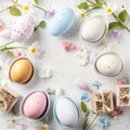 Charming top view of Easter background with pastel painted eggs