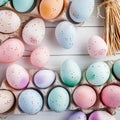 Charming top view of Easter background with pastel painted eggs