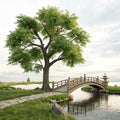 Charming tree and bridge landscape scene in 3D Royalty Free Stock Photo