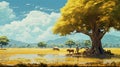 Charming Tree And Cattle Illustration In Cinema4d Style Royalty Free Stock Photo