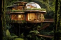 A charming tree house surrounded by towering trees, providing a tranquil retreat for nature lovers, An eco-friendly treehouse