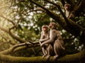 Charming Trio: Three Playful Monkeys Perched in a Canopy