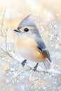 Charming Tufted Titmouse perched on a snow-dusted branch with soft bokeh lights in the background Royalty Free Stock Photo
