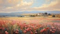 Charming Tuscany Painting With Red Flowers By Michael Komarck Royalty Free Stock Photo