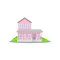 Charming two-storey pink house with terrace. Small family home. Bright green bushes. Cozy residential cottage. Flat Royalty Free Stock Photo