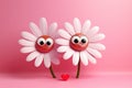 Valentine\'s Day scene with two affectionate white cartoon daisies, face emotion featuring loving eyes, red heart, blooms