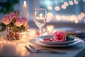 Charming valentine s dinner ambiance with pink roses, elegant table settings, and soft lighting Royalty Free Stock Photo