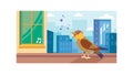 Bird on window ledge, city backdrop, vector design Generative AI Royalty Free Stock Photo