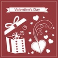Valentine\'s day banner graphic with gift box, flying hearts and elegant swirls Royalty Free Stock Photo