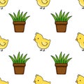 Charming vector pattern featuring cute yellow chicks and potted green plants on a clean white background, perfect for spring or Royalty Free Stock Photo