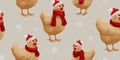 Charming vector repeating pattern featuring watercolor chickens wearing Santa hats and scarves on a winter snowflake background Royalty Free Stock Photo