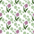 A charming vector seamless pattern featuring delicate pink tulips and soft green abstract oval shapes on a clean white background Royalty Free Stock Photo
