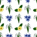 A charming vector seamless pattern featuring delicate snowdrops, vibrant blue scilla flowers, and cheerful yellow primroses on a Royalty Free Stock Photo