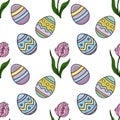Charming vector seamless pattern featuring pastel-colored Easter eggs and delicate pink tulips Royalty Free Stock Photo