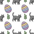 A charming vector seamless pattern featuring playful grey cats and striped Easter eggs, interspersed with delicate green sprigs on Royalty Free Stock Photo