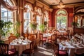 Charming Victorian - era tea room, resplendent with elegant decor and delicate china, serving afternoon tea with dainty finger
