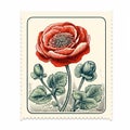Charming Victorian-inspired Red Flower Postage Stamp Illustration