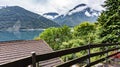 Charming view of the mountain lake Ledro from a hiking path in the mountains. Postcard overlooking the mountain lake Ledro and the Royalty Free Stock Photo
