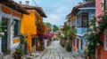 Colorful Houses Along Cobblestone Street in Old City Royalty Free Stock Photo