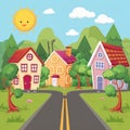 Charming village background with sun, houses, trees, and road