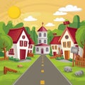 Charming village background with sun, houses, trees, and road