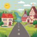 Charming village background with sun, houses, trees, and road