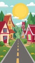 Charming village background with sun, houses, trees, and road