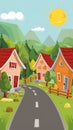 Charming village background with sun, houses, trees, and road