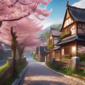 Charming village covered in cherry blossoms during springtime Serene and picturesque illustration for seasonal or nature-themed