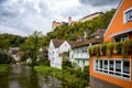 View on the Harburg Castle from the bridge over the river of Wornitz in the city of Harburg in Bavaria, Germany.