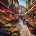 Charming village market with colorful stalls Bustling and vibrant scene with people shopping for goods2