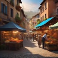 Charming village market with colorful stalls Bustling and vibrant scene with people shopping for goods1