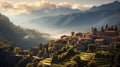 A charming village nestled in the hills, the rooftops and winding streets softened into a delightful bokeh against the backdrop of