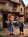 Charming Village Scenes: Cute Little Boys and Girls. AI-Generated