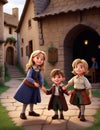 Charming Village Scenes: Cute Little Boys and Girls. AI-Generated