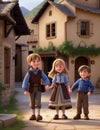 Charming Village Scenes: Cute Little Boys and Girls. AI-Generated