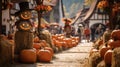 A charming village square adorned with scarecrows and pumpkins
