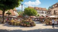 A charming village square with a bustling market.